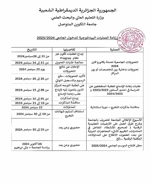 الرزنامة البيداغوجية للسنة الجامعية 2025/2024 1