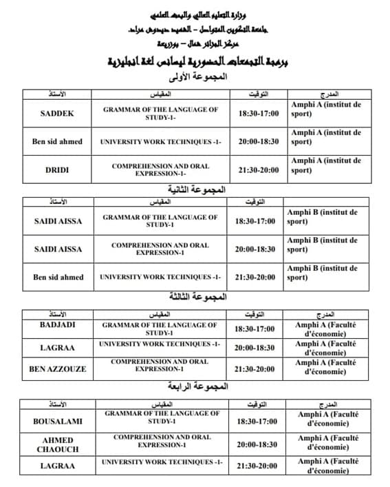 رزنامة التجمعات الحضورية الخاصة بالأساتذة الجامعيين المبرمجين لدراسة ليسانس انجليزية 1