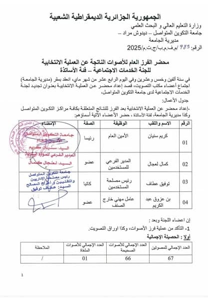 محضر الفرز العام إنتخابات لجنة الخدمات الإجتماعية فئة الاساتذة 1